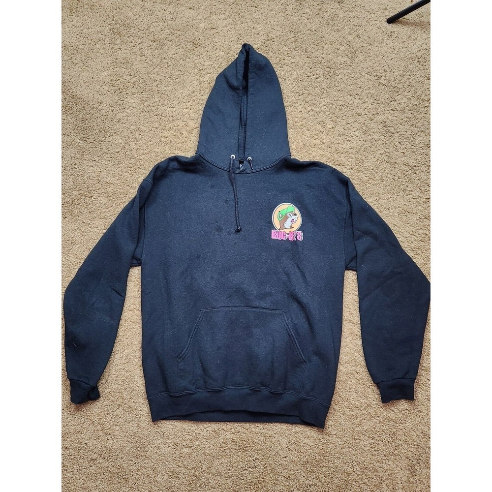 Bucees Fleece Sweatshirt Hoodie Black Men's Size L Logo Neon 80's‎ 90's bling